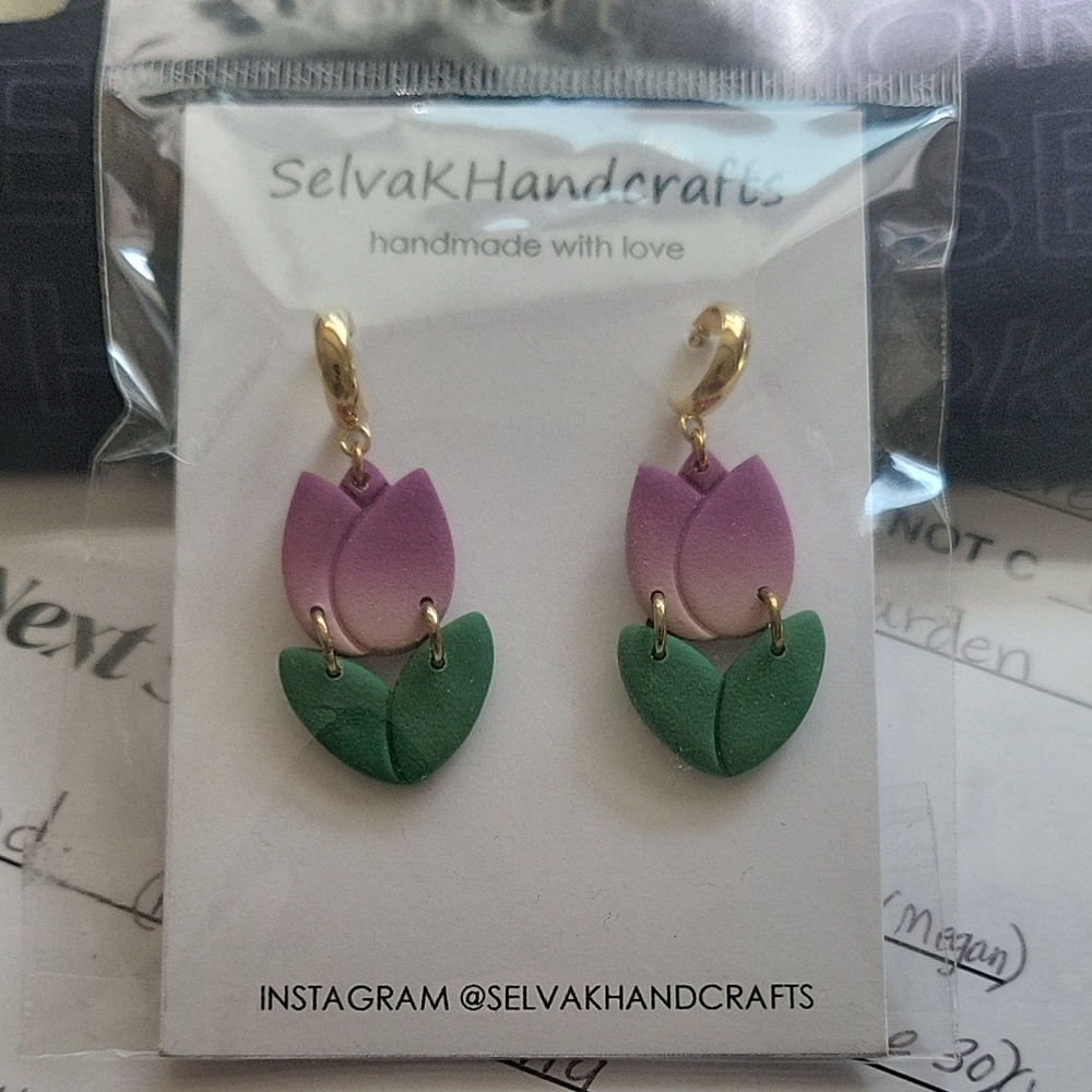 Handcrafted Purple and Green Floral Earrings